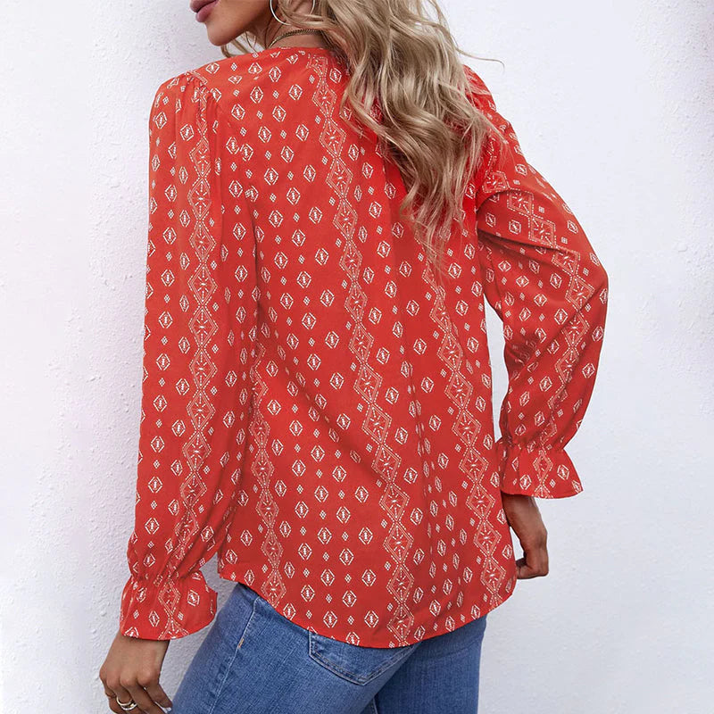 ✨Women Boho Floral Print V Neck Drawstring Long Sleeve Blouse Top (Final Days: Big Savings!!!)