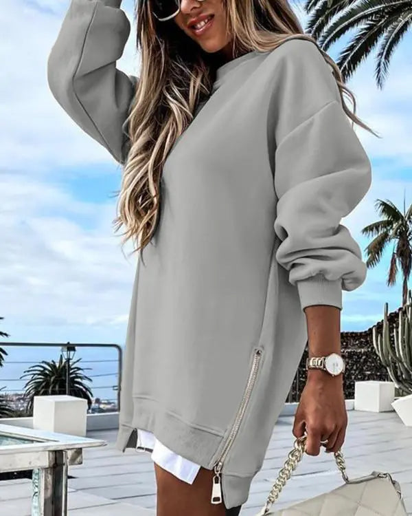 ✨Trend Women’s Long Sleeve Pullover Sweatshirt Zipper Slit Casual Dress(Buy 2 Free Shipping)