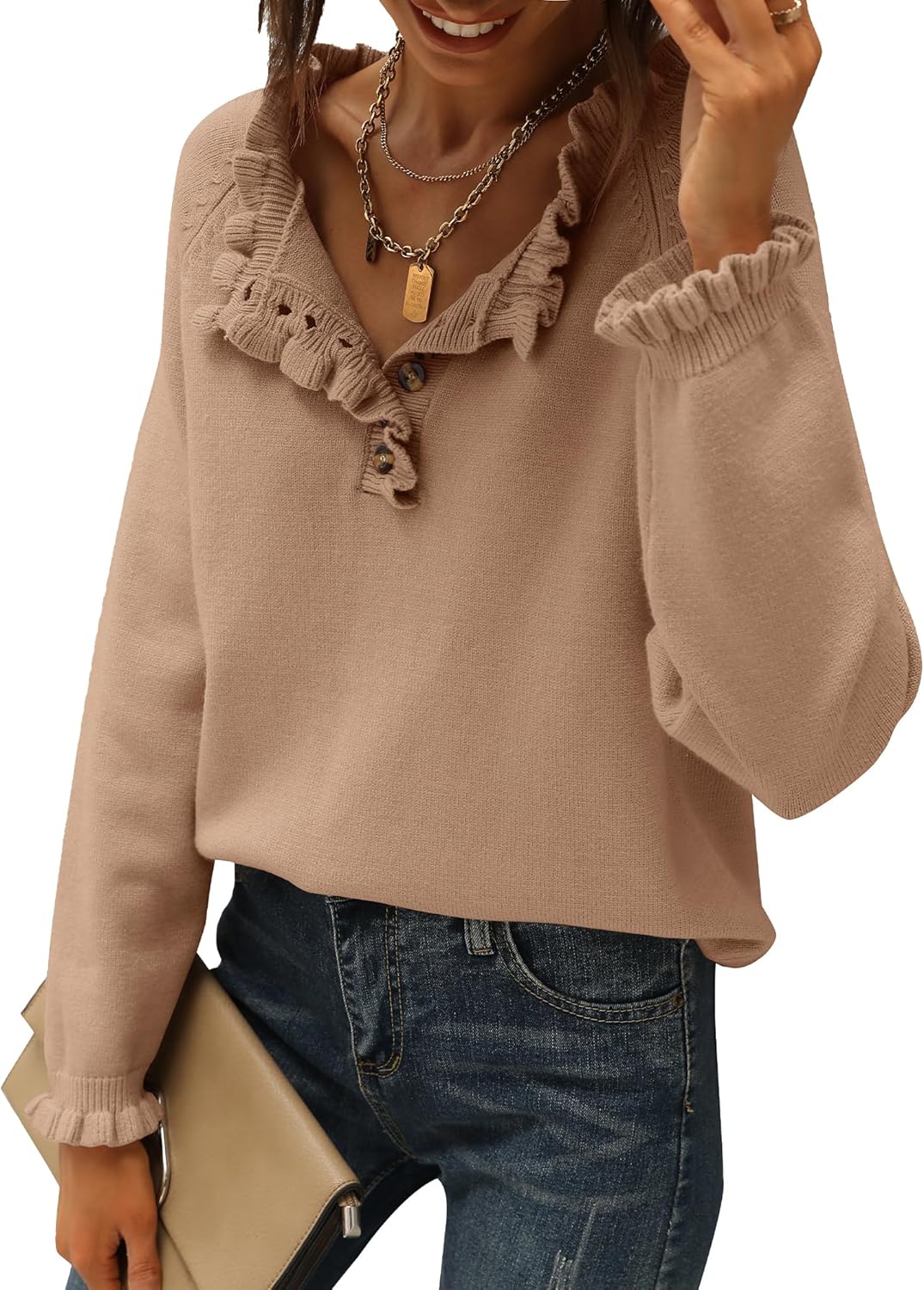 ⏰Hot Sale-Women's Knitted Casual Long Sleeve Button Ruffle Pullover Sweater(BUY 2 FREE SHIPPING)