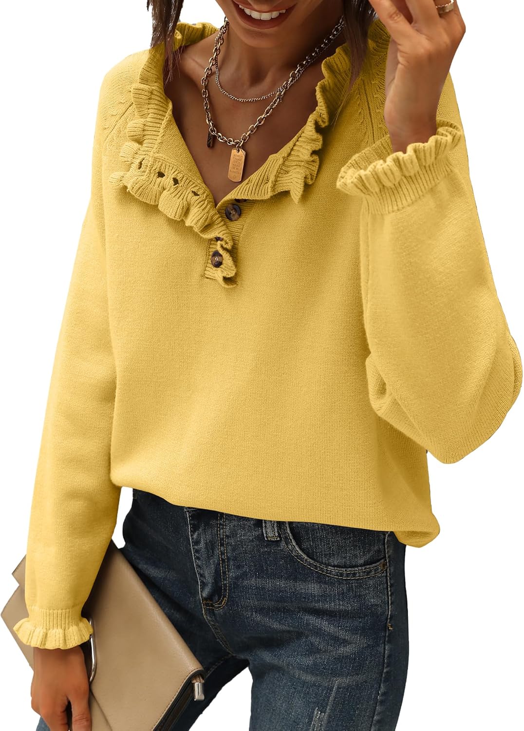 ⏰Hot Sale-Women's Knitted Casual Long Sleeve Button Ruffle Pullover Sweater(BUY 2 FREE SHIPPING)