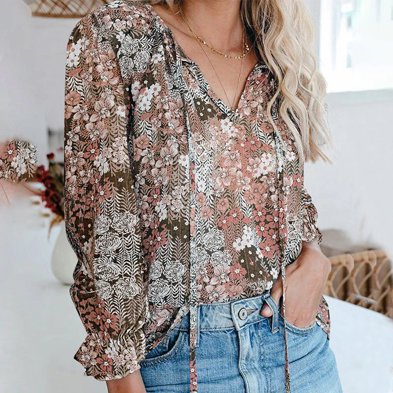 ✨Women Boho Floral Print V Neck Drawstring Long Sleeve Blouse Top (Final Days: Big Savings!!!)