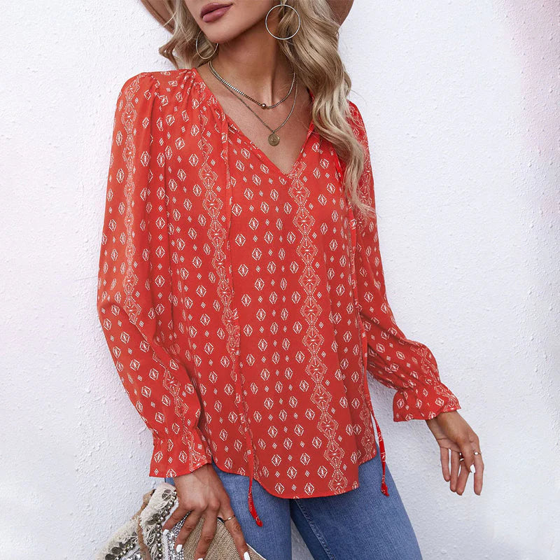 ✨Women Boho Floral Print V Neck Drawstring Long Sleeve Blouse Top (Final Days: Big Savings!!!)