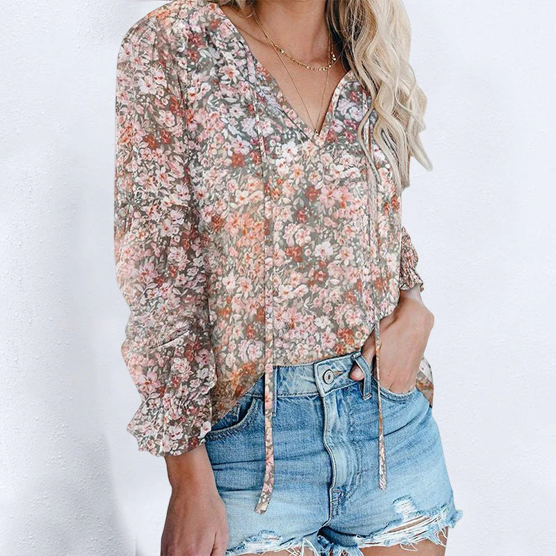 ✨Women Boho Floral Print V Neck Drawstring Long Sleeve Blouse Top (Final Days: Big Savings!!!)