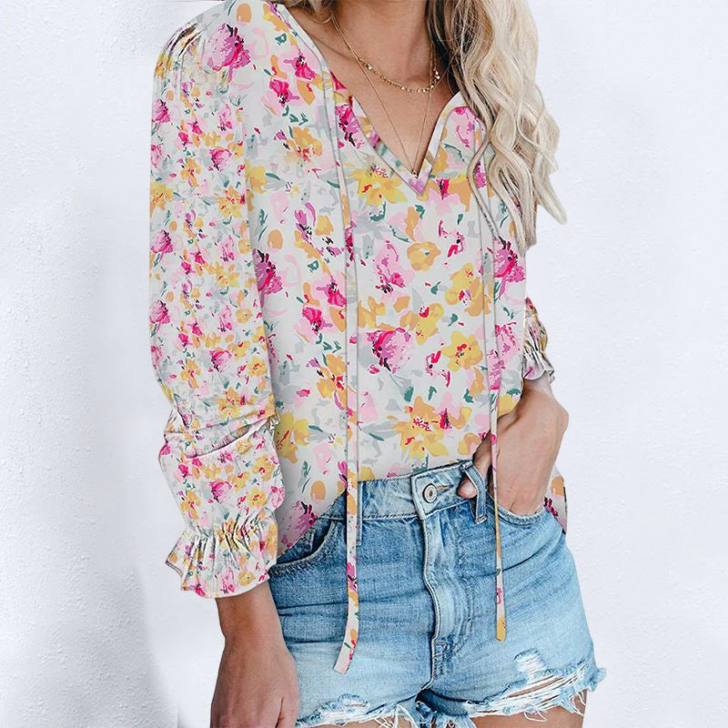 ✨Women Boho Floral Print V Neck Drawstring Long Sleeve Blouse Top (Final Days: Big Savings!!!)