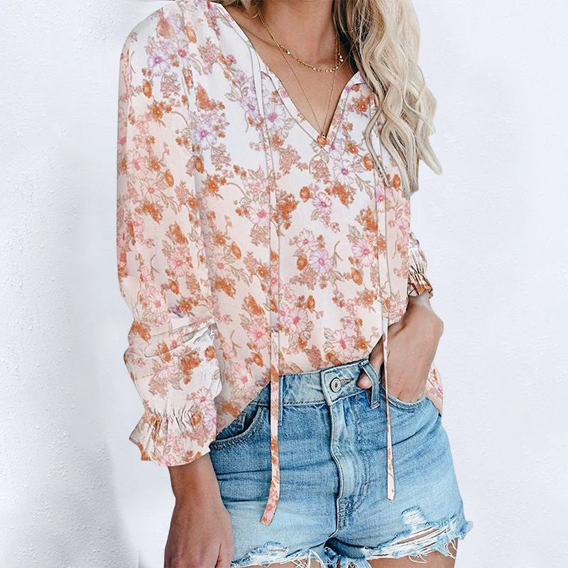 ✨Women Boho Floral Print V Neck Drawstring Long Sleeve Blouse Top (Final Days: Big Savings!!!)