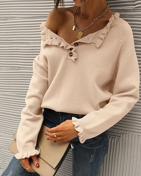 ⏰Hot Sale-Women's Knitted Casual Long Sleeve Button Ruffle Pullover Sweater(BUY 2 FREE SHIPPING)