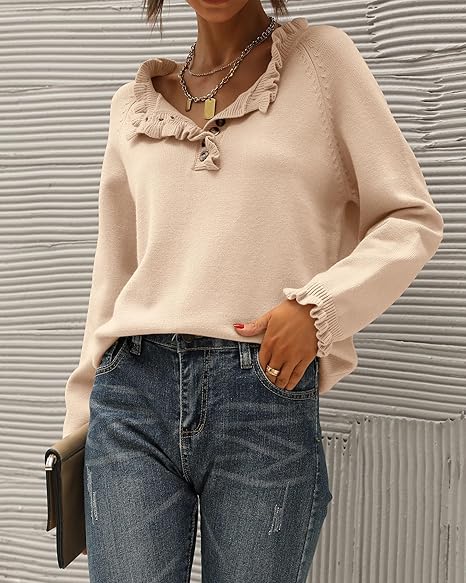 ⏰Hot Sale-Women's Knitted Casual Long Sleeve Button Ruffle Pullover Sweater(BUY 2 FREE SHIPPING)