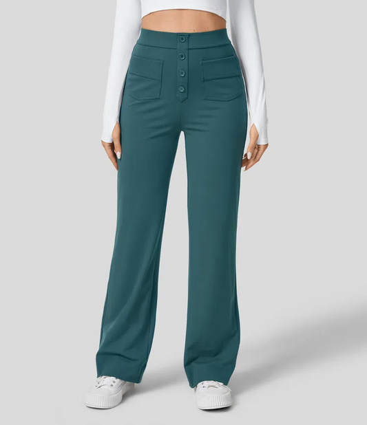 High Waist Button Multi-Pocket Straight Leg Casual Pants