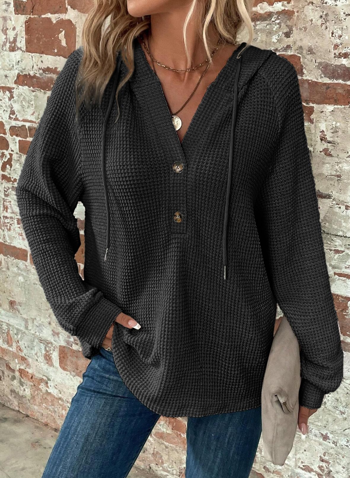 ⏰Hot Sale-Women's Waffle Knit Drawstring Button V Neck Hooded Sweatshirt