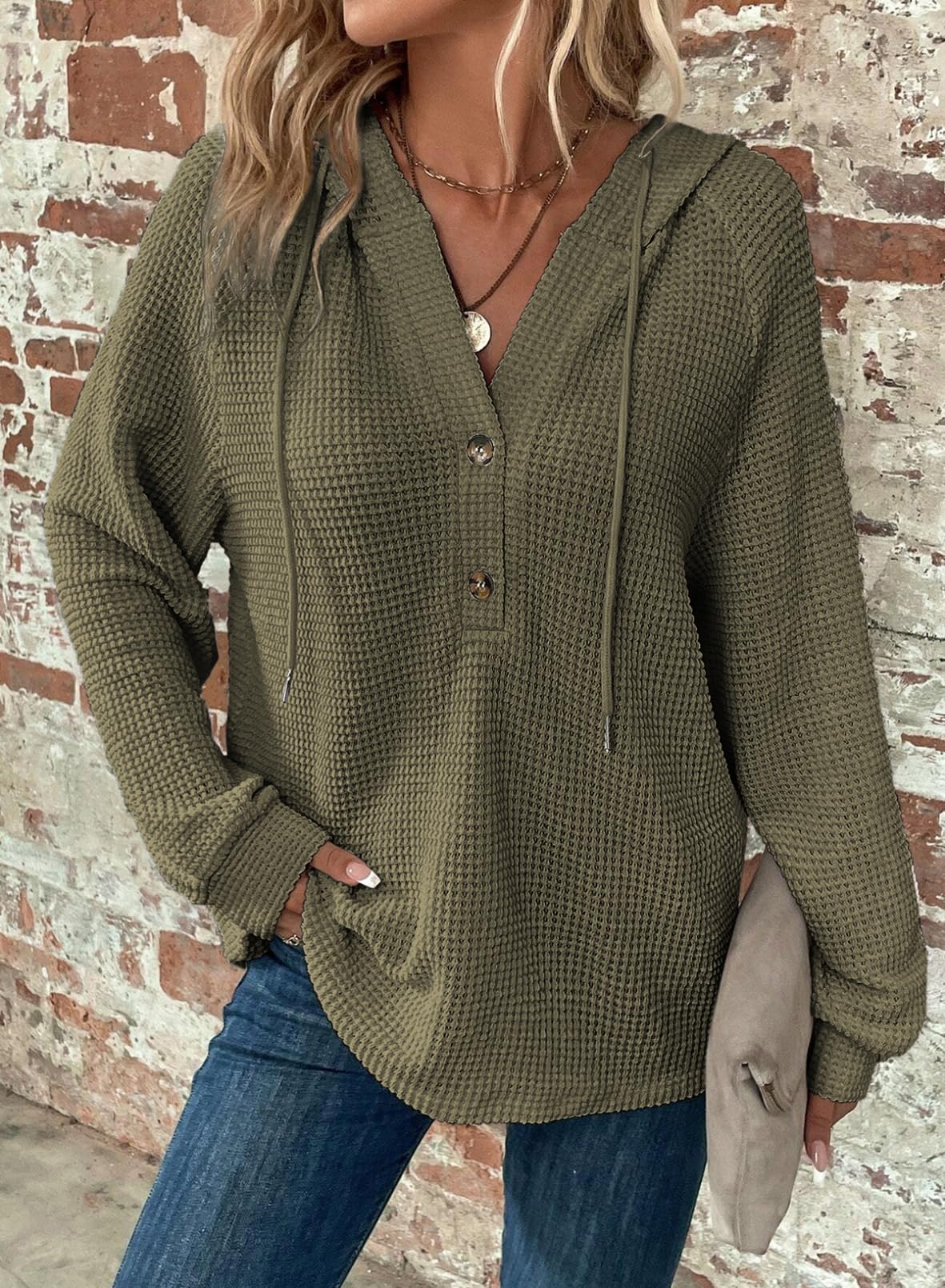 ⏰Hot Sale-Women's Waffle Knit Drawstring Button V Neck Hooded Sweatshirt