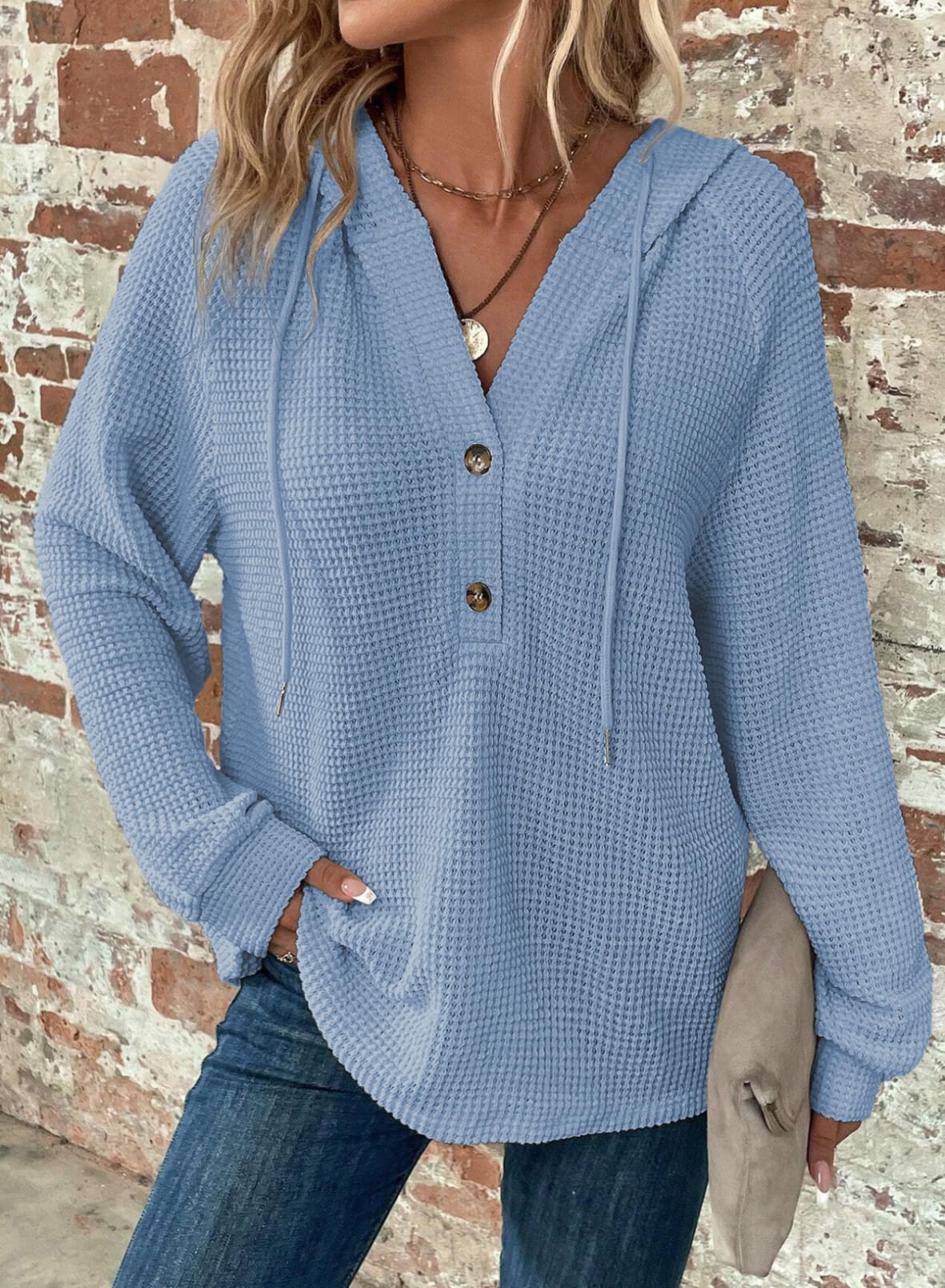 ⏰Hot Sale-Women's Waffle Knit Drawstring Button V Neck Hooded Sweatshirt