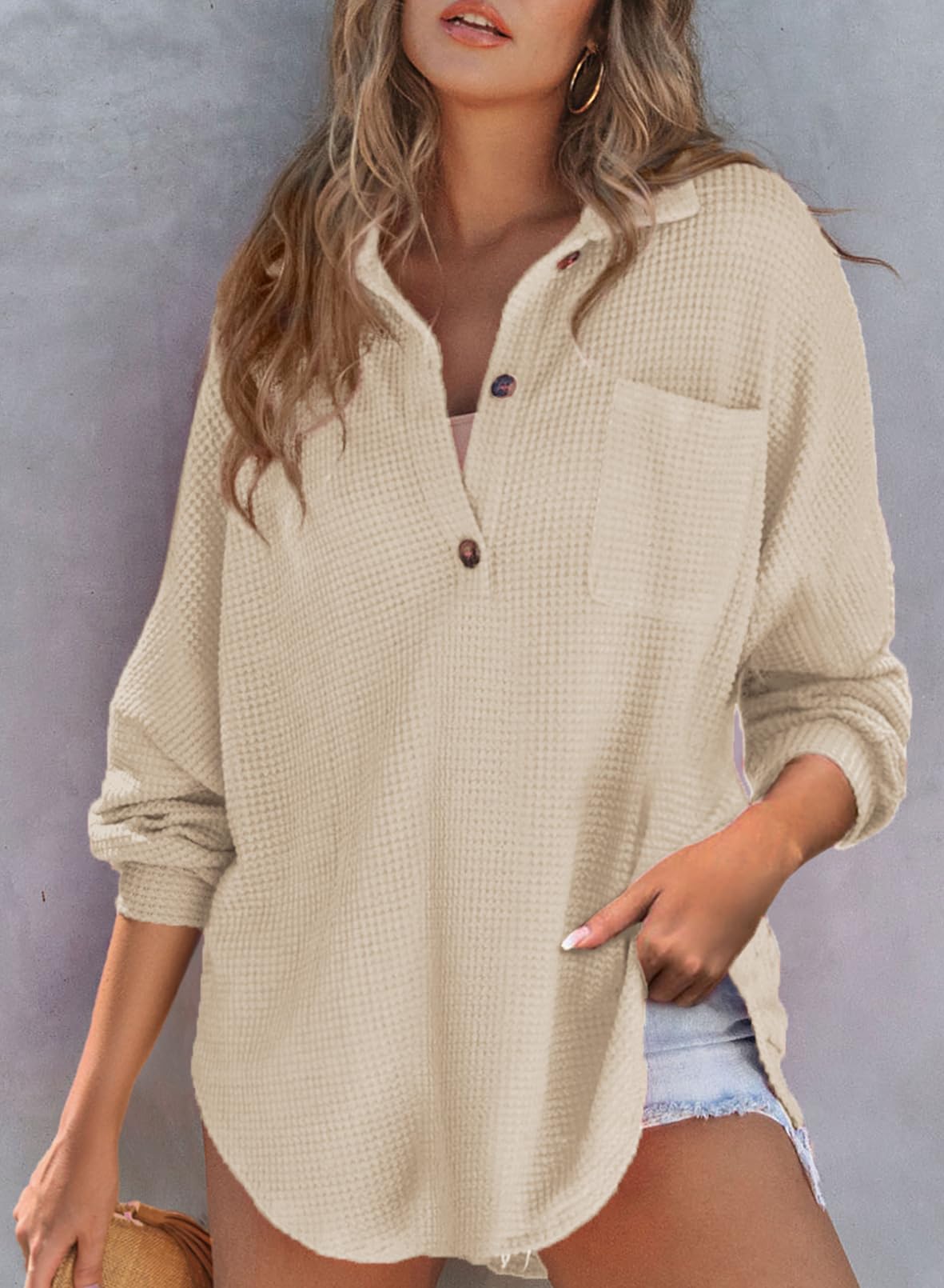 Women's Waffle Knit Henley V Neck Shirt Jacket(buy 2 10% OFF!!!)