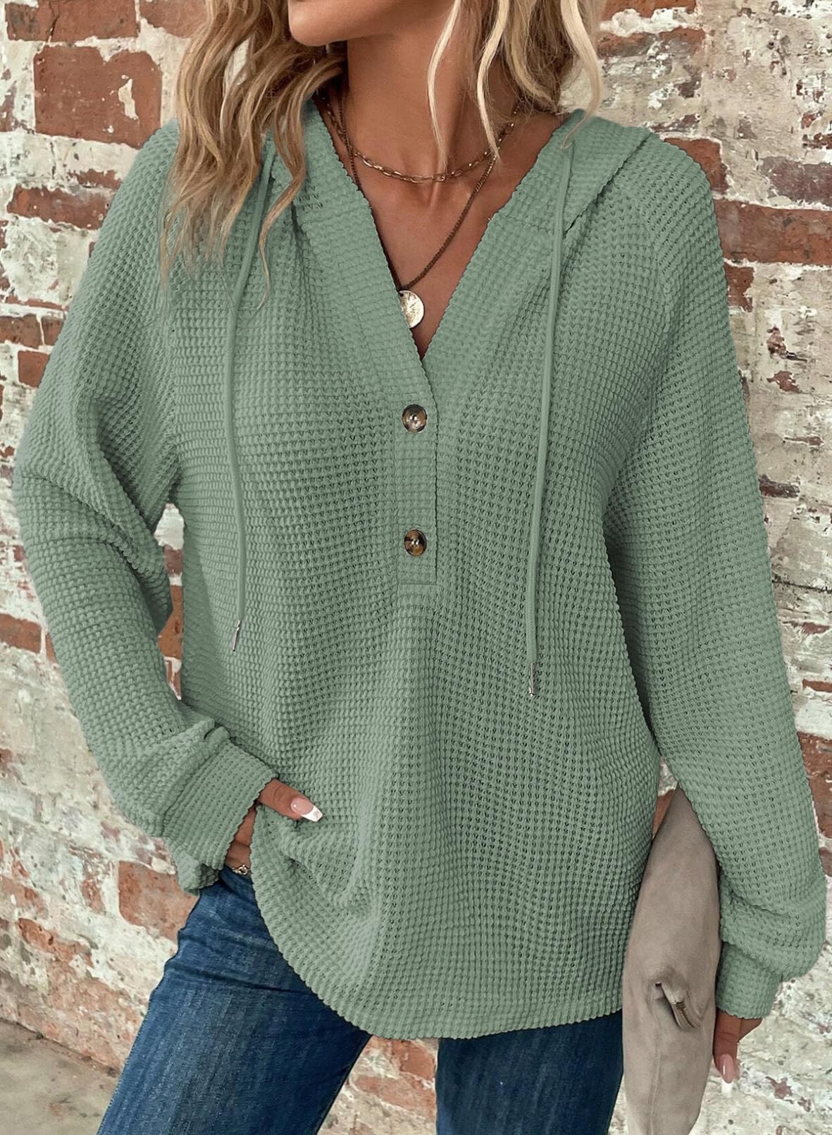 ⏰Hot Sale-Women's Waffle Knit Drawstring Button V Neck Hooded Sweatshirt