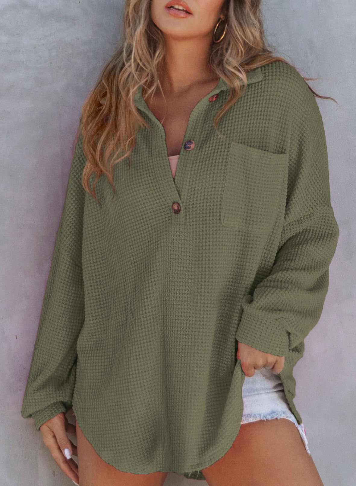 Women's Waffle Knit Henley V Neck Shirt Jacket(buy 2 10% OFF!!!)