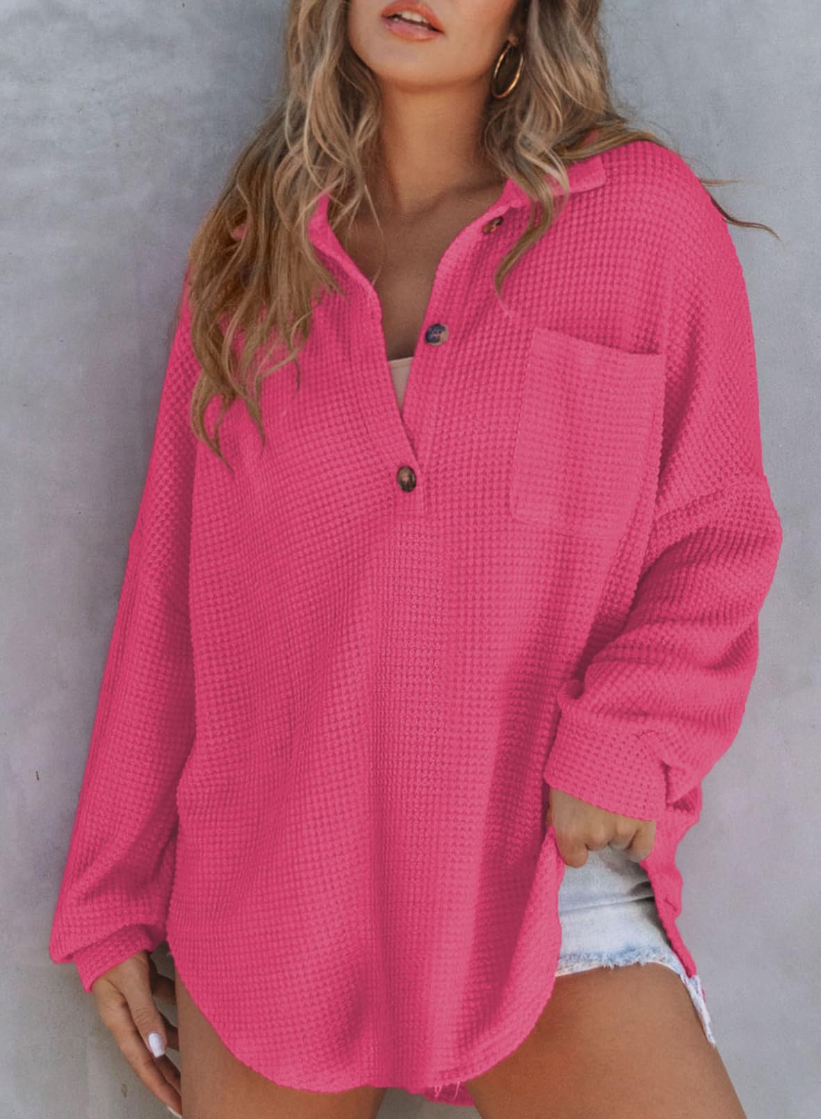 Women's Waffle Knit Henley V Neck Shirt Jacket(buy 2 10% OFF!!!)