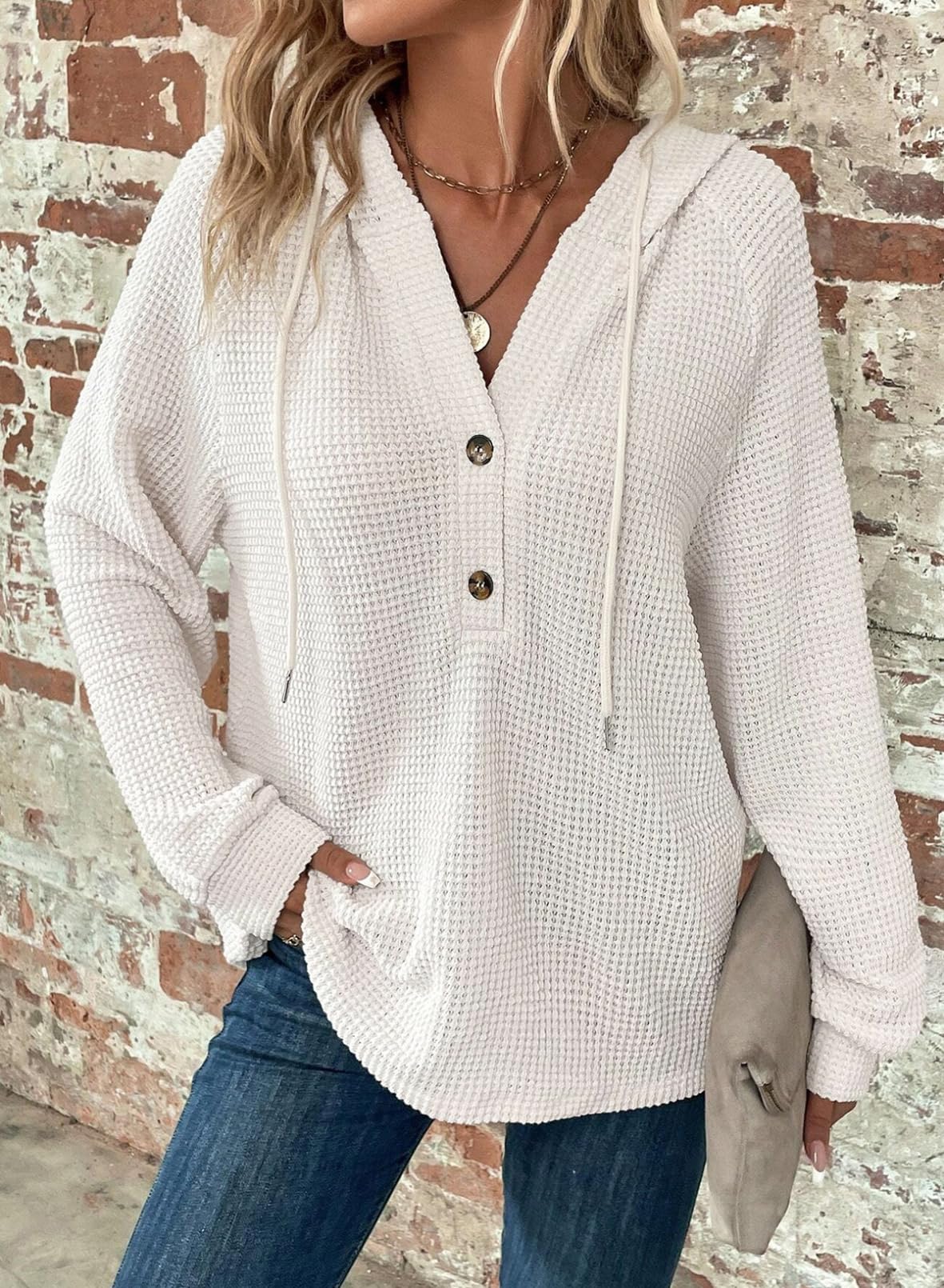 ⏰Hot Sale-Women's Waffle Knit Drawstring Button V Neck Hooded Sweatshirt