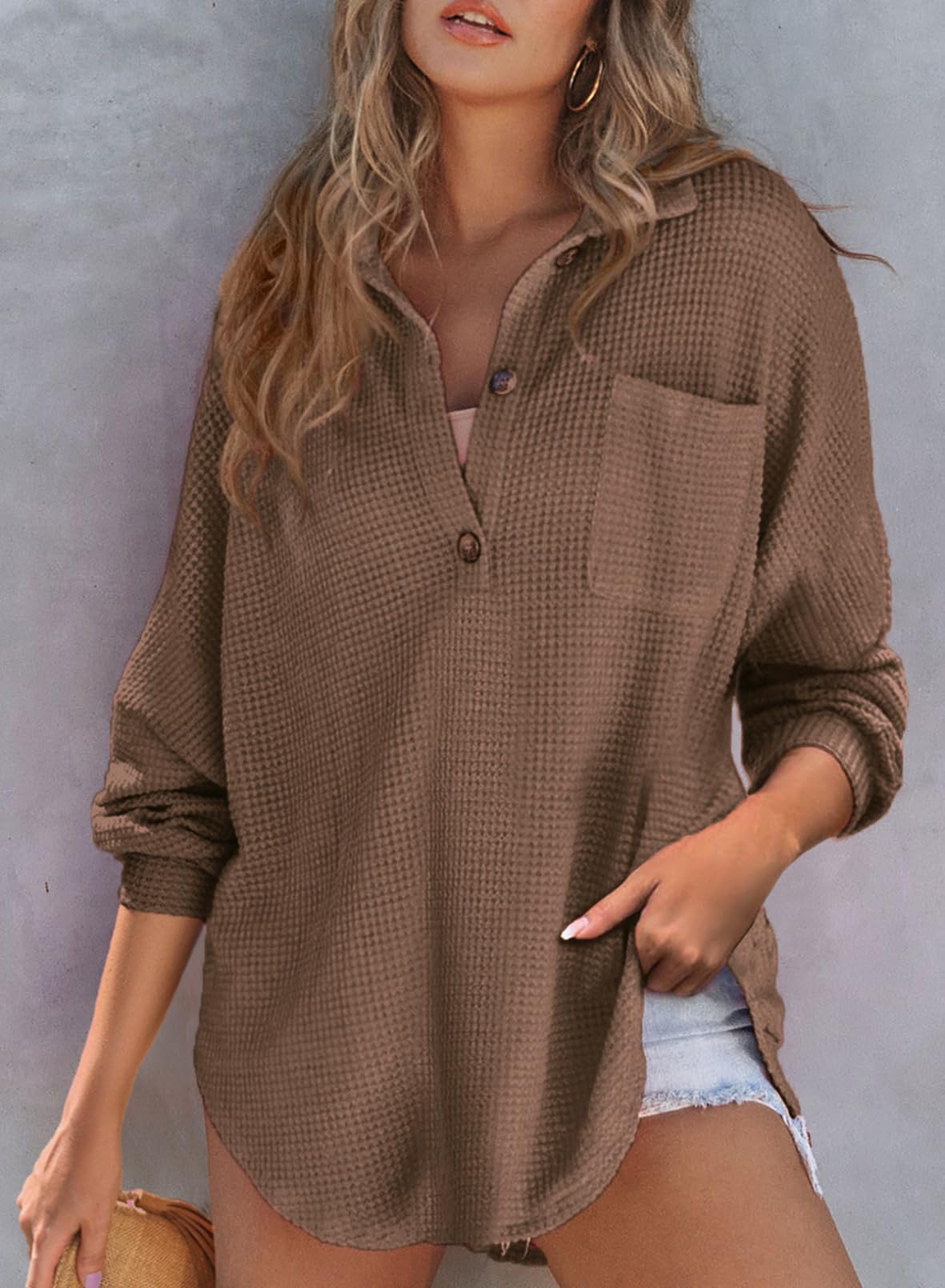 Women's Waffle Knit Henley V Neck Shirt Jacket(buy 2 10% OFF!!!)