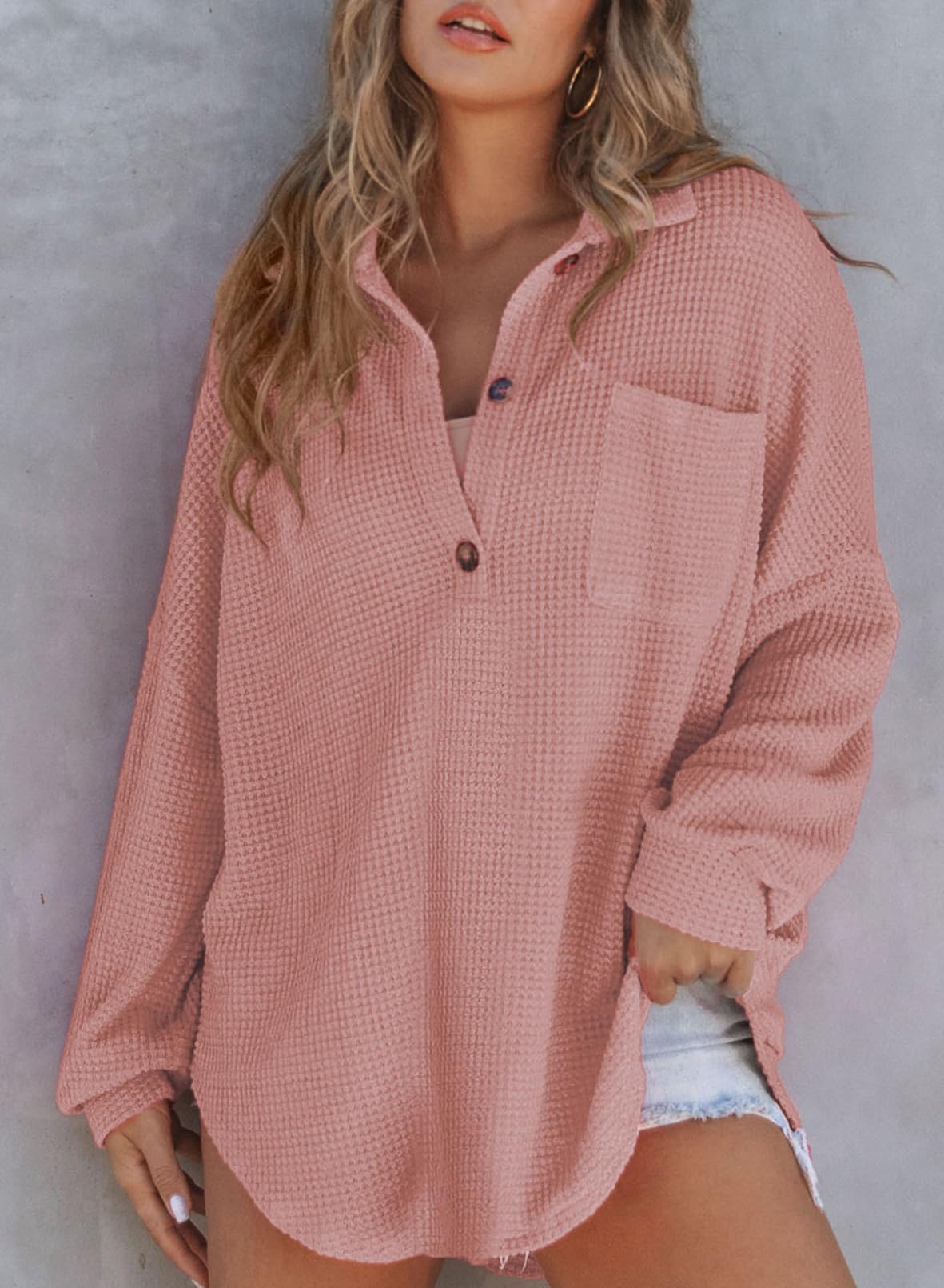 Women's Waffle Knit Henley V Neck Shirt Jacket(buy 2 10% OFF!!!)