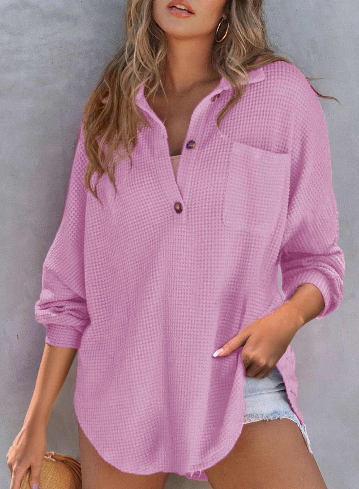 Women's Waffle Knit Henley V Neck Shirt Jacket(buy 2 10% OFF!!!)