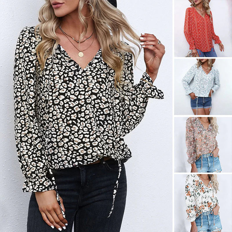 ✨Women Boho Floral Print V Neck Drawstring Long Sleeve Blouse Top (Final Days: Big Savings!!!)