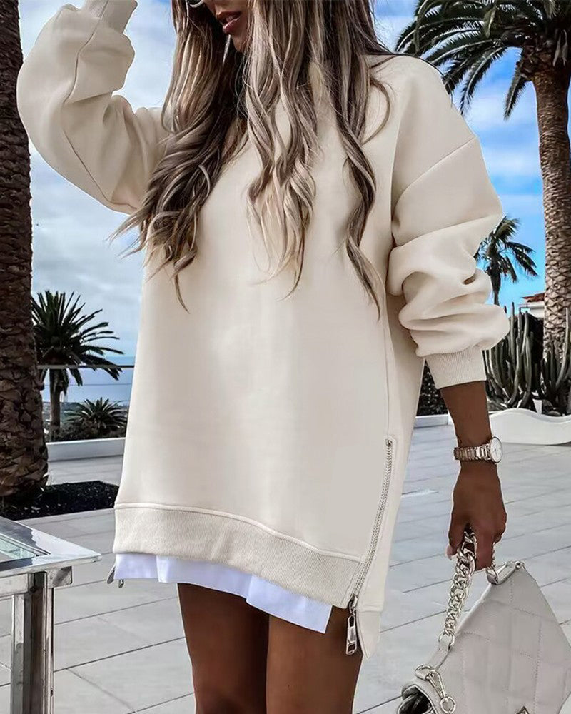 ✨Trend Women’s Long Sleeve Pullover Sweatshirt Zipper Slit Casual Dress(Buy 2 Free Shipping)